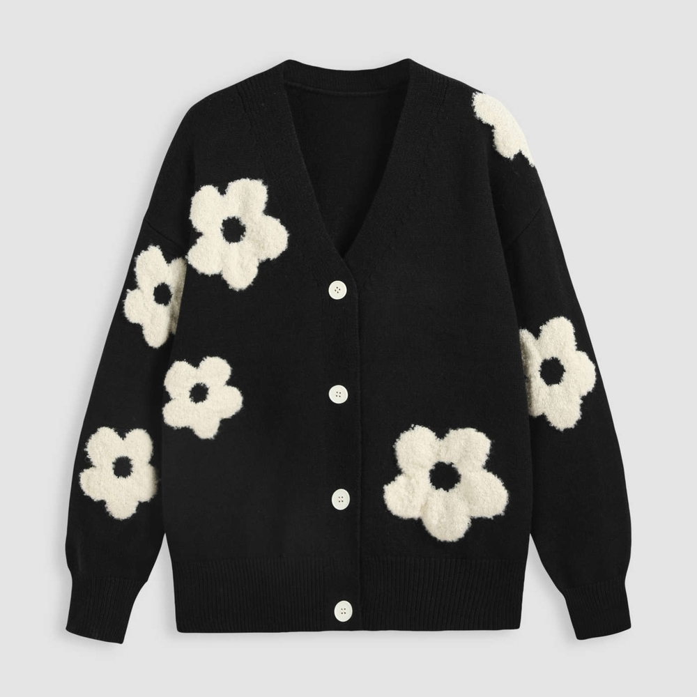NWT Cider V-neck Graphic Floral Cardigan Black and Cream Womens Small Oversized